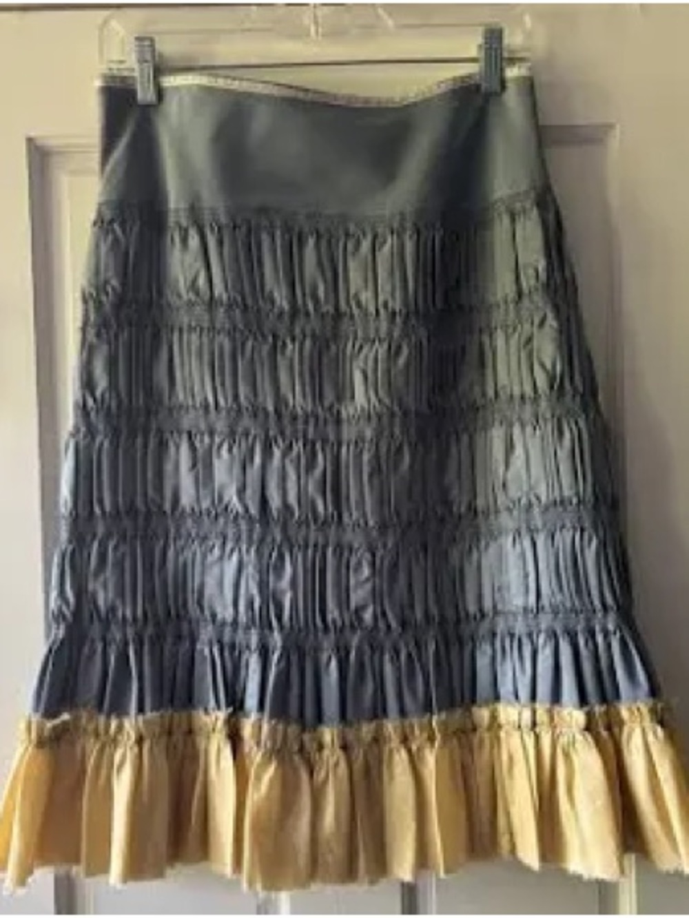 Anthropologie Gray Tiered Fringe Midi Skirt with Gold Ruffle Hem